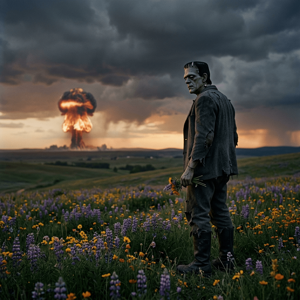 Frankenstein figure in tattered clothes holding flowers in a wildflower field with an explosion in the distance