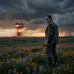 Frankenstein figure in tattered clothes holding flowers in a wildflower field with an explosion in the distance