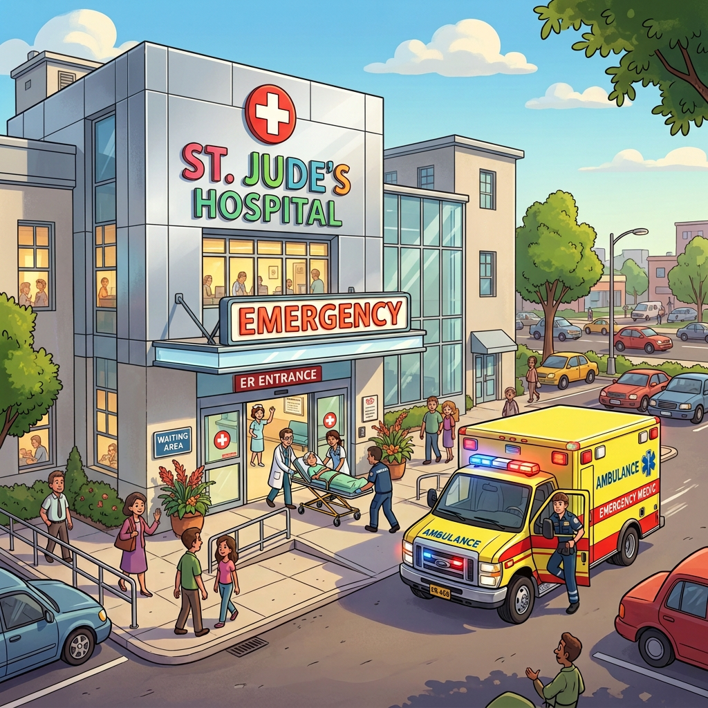 Ambulance parked outside St. Jude's Hospital emergency entrance with medical staff wheeling a patient inside
